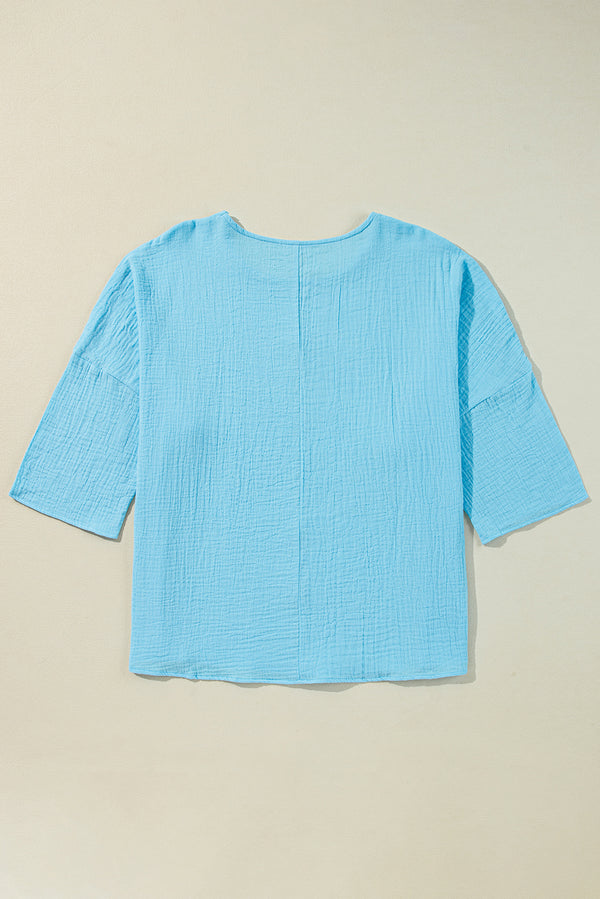 Aruba Blue Crinkled Bracelet Sleeve Flowy Blouse