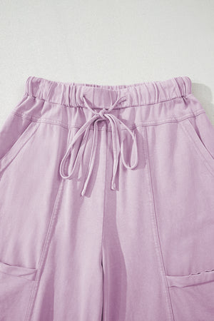 Pink Mineral Wash Exposed Seam Drawstring Elastic Waistband Wide Leg Cargo Pants