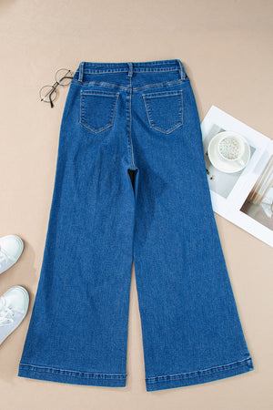 Dark Blue Plain Seam Detail Flared Bottom Ankle Length Jeans