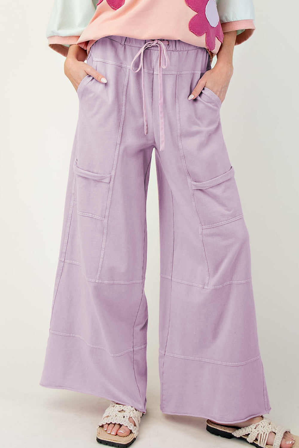 Pink Mineral Wash Exposed Seam Drawstring Elastic Waistband Wide Leg Cargo Pants