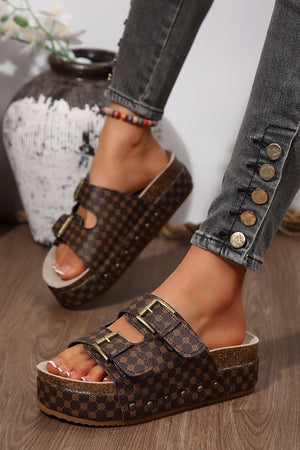 Coffee Checkered Print Dual Buckle Cut Out Platform Slippers