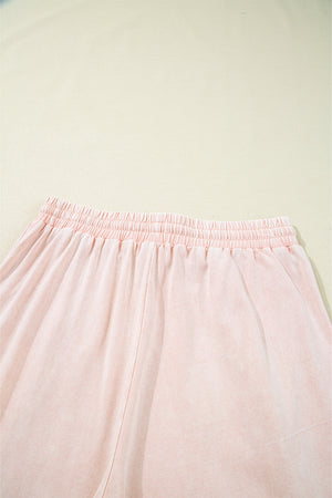 Pink Flower Patch Mineral Washed Terry Knit Cropped Wide Leg Pants