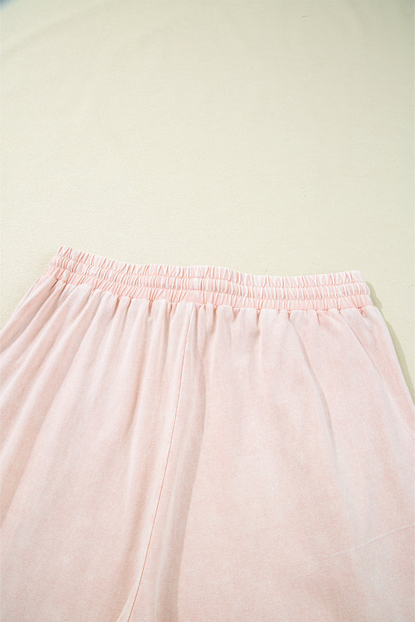 Pink Flower Patch Mineral Washed Terry Knit Cropped Wide Leg Pants
