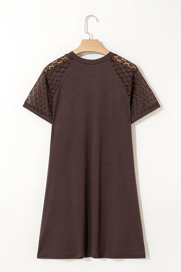 Dark Brown Contrast Lace Raglan Sleeve Pleated Detail Shift Dress