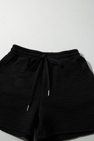 Black Textured Ruffled Sleeve Tee and Drawstring Elastic Waistband Shorts Set