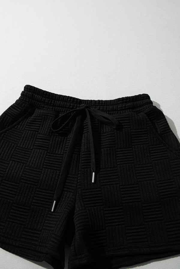 Black Textured Ruffled Sleeve Tee and Drawstring Elastic Waistband Shorts Set