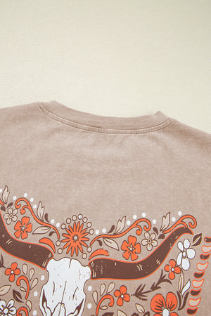 Smoke Gray Mineral Wash Floral Steer Head Printed Back Western Fashion Tee