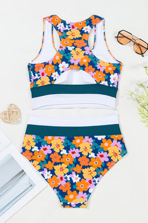 Green Floral Print Racerback Cutout High Waist 2pcs Bikini