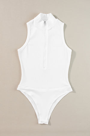 White Zip up Mock Neck Ribbed Sleeveless Bodysuit