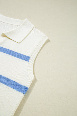 Sky Blue Stripe Split V Neck Collared Ribbed Sweater Vest