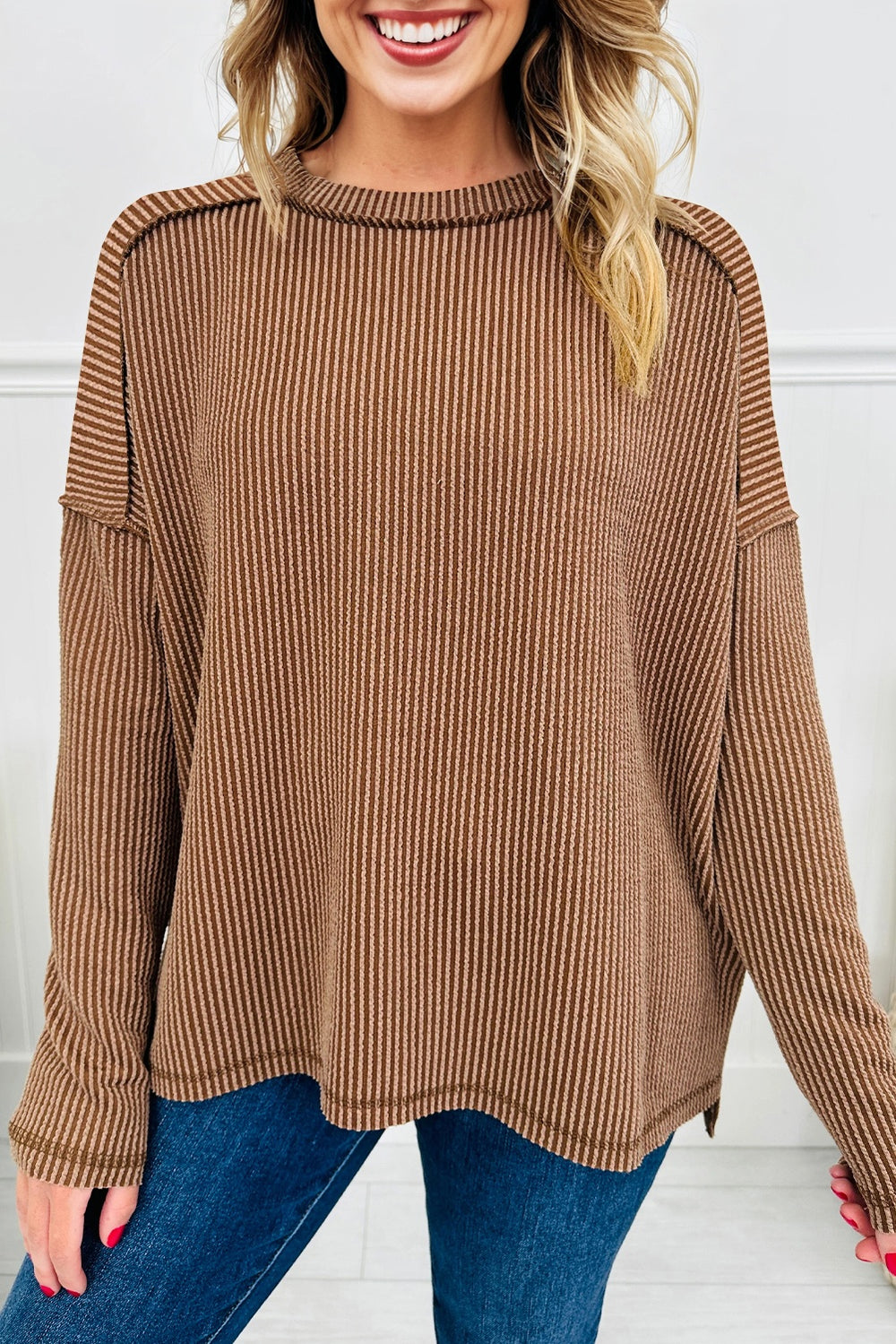 Dark Khaki Twist Ribbed Exposed Seam Detail Long Sleeve Loose Top