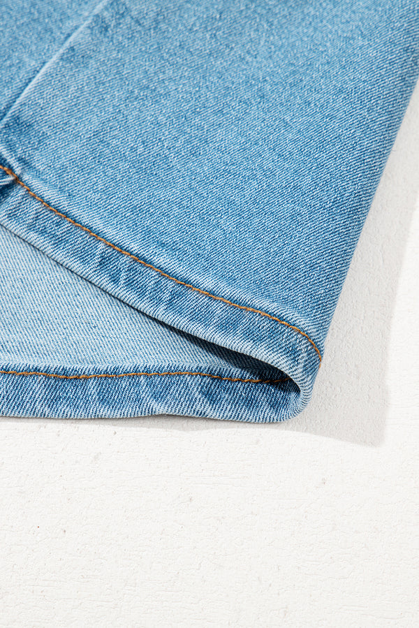 Dusk Blue Acid Wash Bowknot Details High Waist Denim Skirt