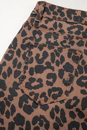 Brown Leopard Denim Frayed Split Denim Midi Skirt