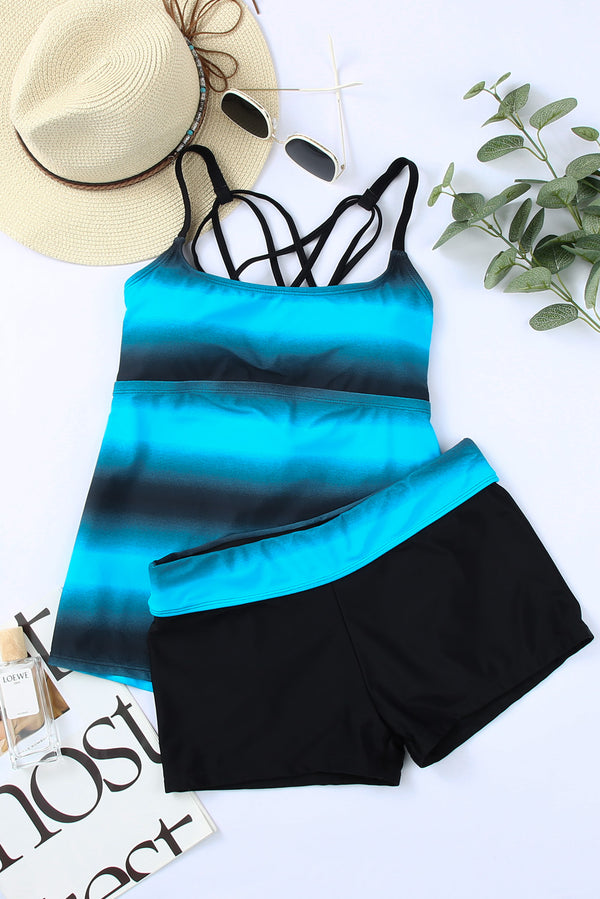 Bluish Strappy Hollow-out Back Tankini