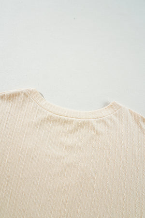 Beige Lace Crochet Patched Cable Textured Cuffed Short Sleeve Plus Size Top