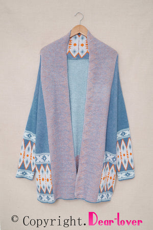 Blue Aztec Print Open Front Knitted Cardigan