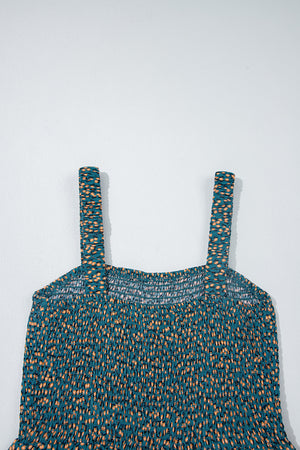 Green Floral Print Smocked High Waist Square Neck Jumpsuit