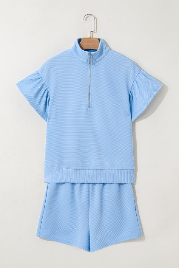 Beau Blue Ribbed Texture Half Zip Ruffled Short Sleeve Top and Shorts Set