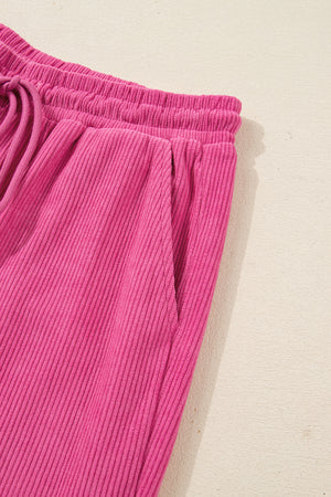 Peach Blossom Half Button Pullover Drawstring Pants Solid Color Corduroy 2pcs Outfit