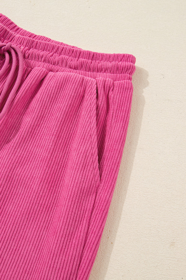 Peach Blossom Half Button Pullover Drawstring Pants Solid Color Corduroy 2pcs Outfit