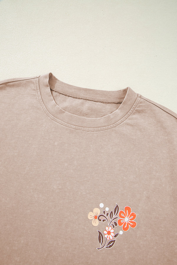 Smoke Gray Mineral Wash Floral Steer Head Printed Back Western Fashion Tee