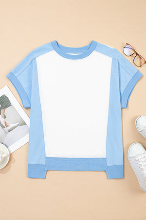 Sky Blue Color Block Exposed Seam Crew Neck T Shirt