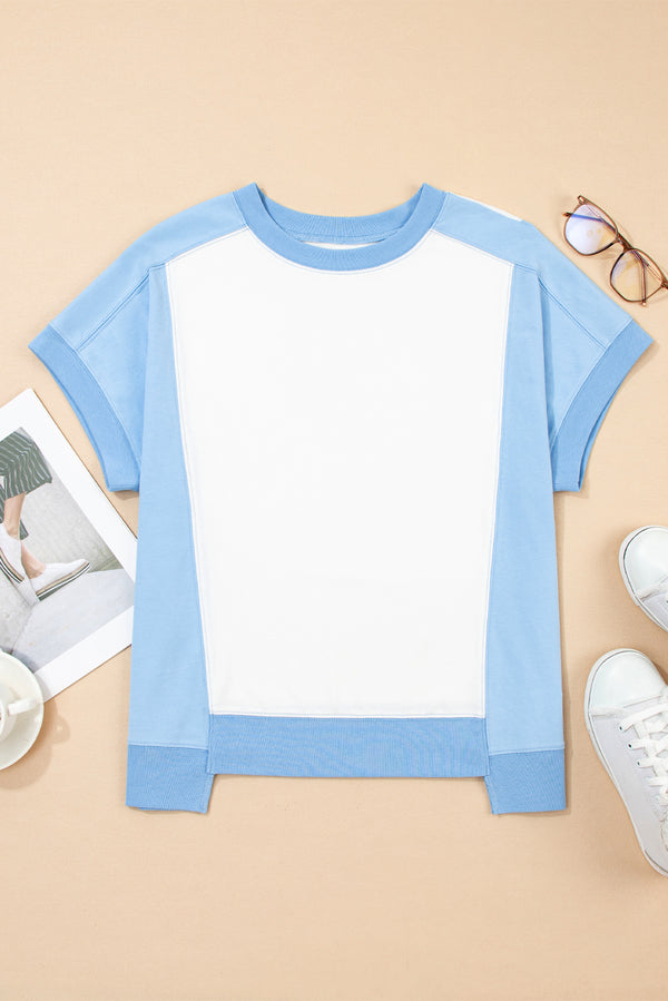 Sky Blue Color Block Exposed Seam Crew Neck T Shirt