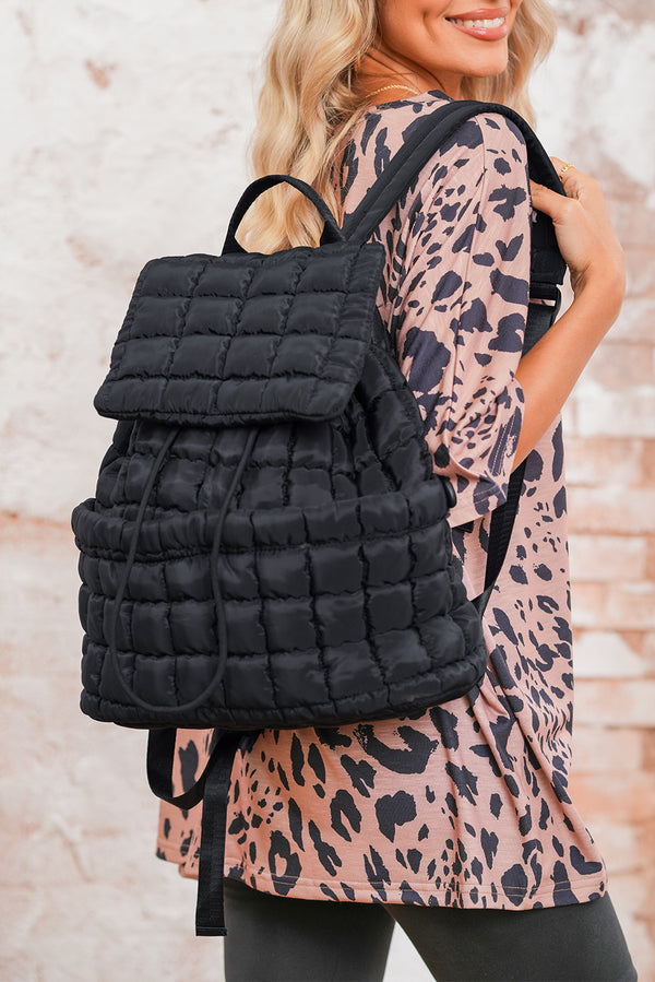 Black Solid Flapped Quilted Puffer Backpack