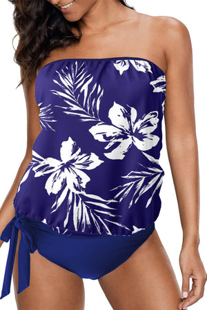 Blue Floral Pattern Strapless Tankini Set