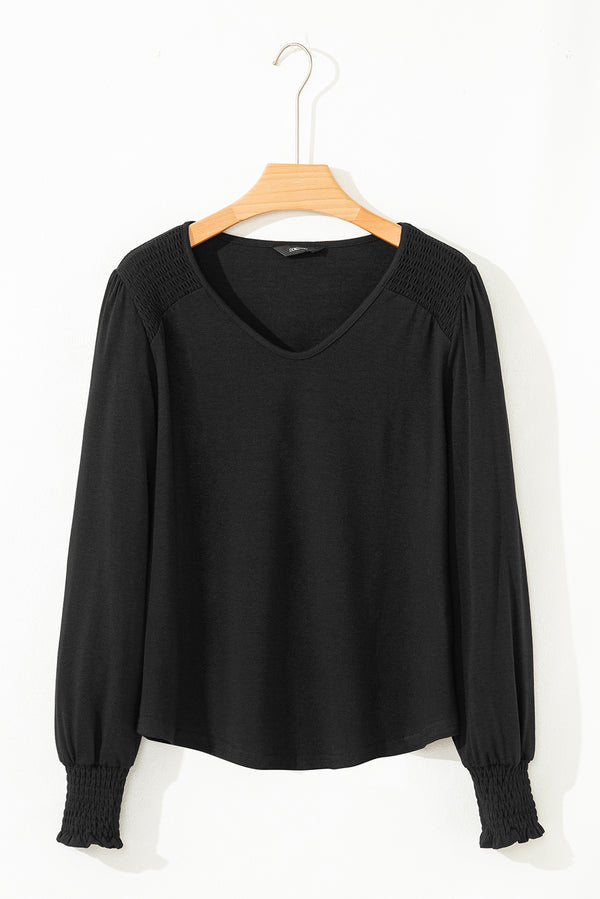 Black Shirred Shoulder Frilled Cuffs Long Sleeve Top