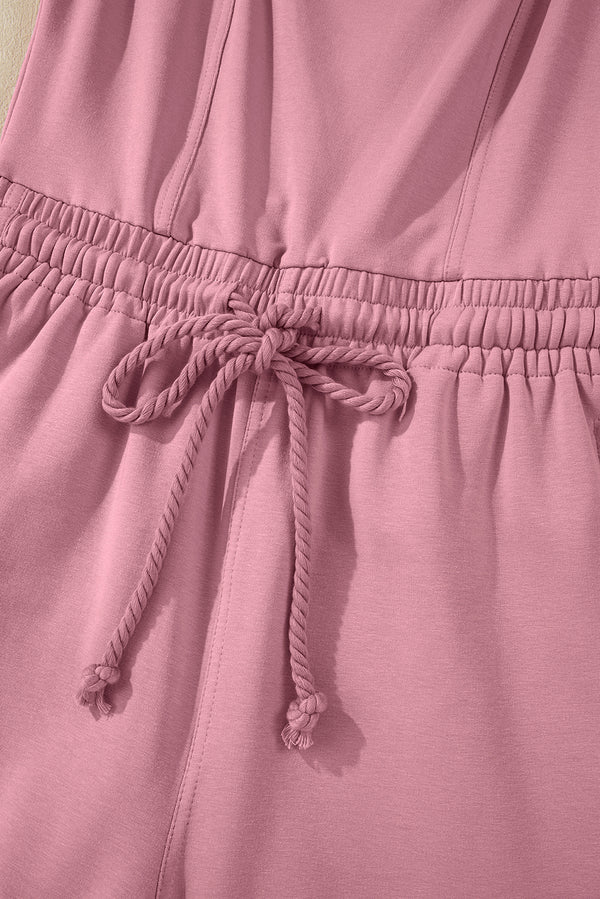 Light Pink Lace-up Elastic Waist Sleeveless Square Neck Jumpsuit