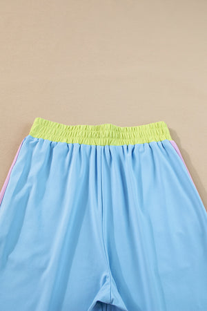 Sky Blue Color Block Detail Casual Two-piece Outfit
