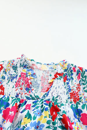 Fiery Red Plus Floral Print Ruffle Cap Sleeve V Neck Blouse
