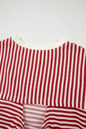 Red Stripe Bowknot Cutout Back Drop Shoulder Wide Bracelet Sleeve Loose Tee