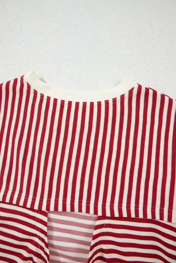 Red Stripe Bowknot Cutout Back Drop Shoulder Wide Bracelet Sleeve Loose Tee