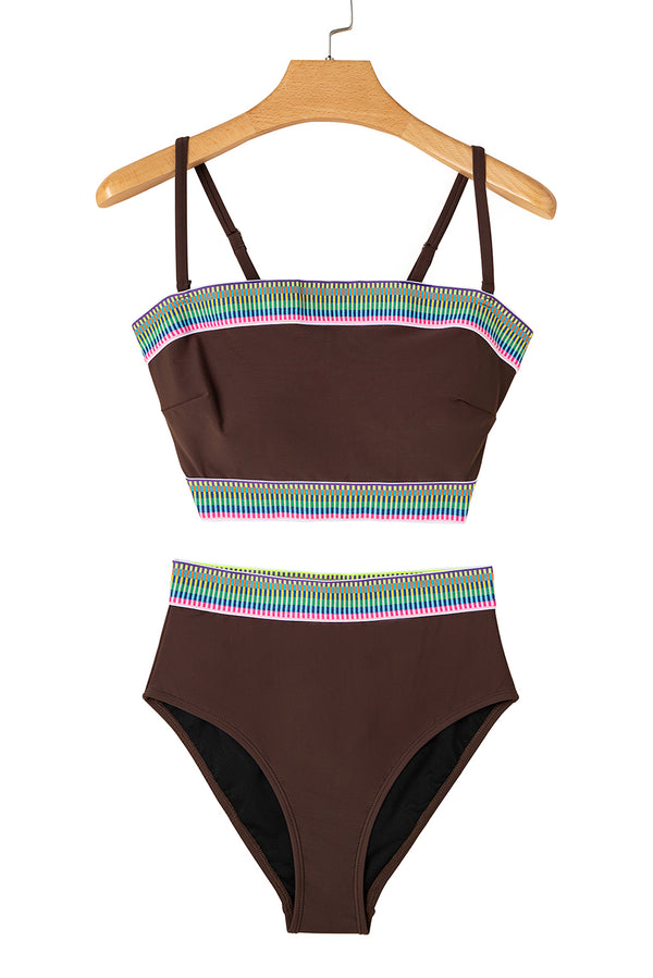 Coffee Contrast Banding Tube Bikini High Waist 2pcs Swimsuit