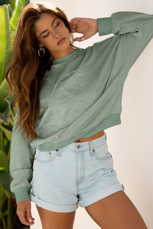 Smoke Green Raw Edge Flower Patch Drop Shoulder Casual Top