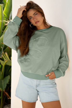 Smoke Green Raw Edge Flower Patch Drop Shoulder Casual Top
