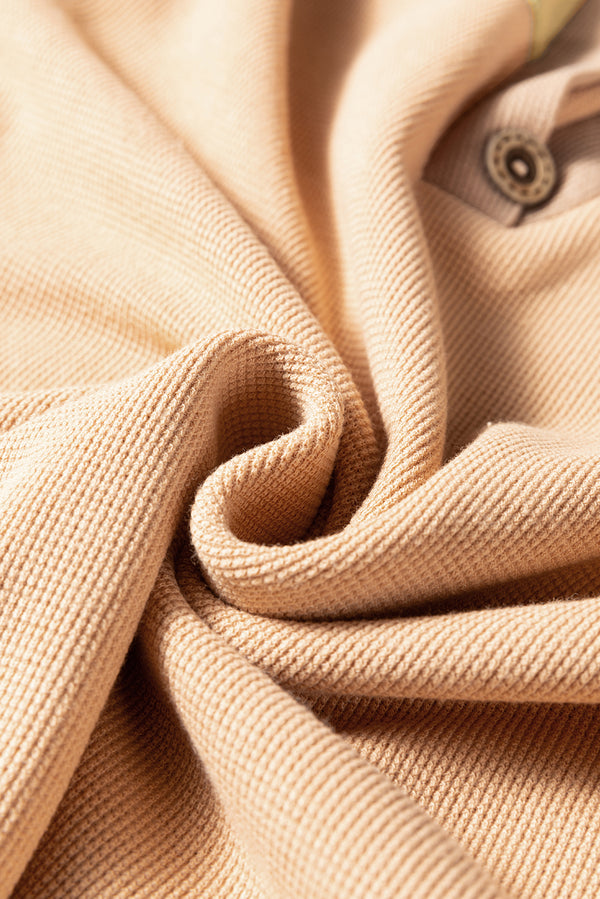 Buckskin Color Block Thermal Textured Knit Drop Shoulder Henley Top