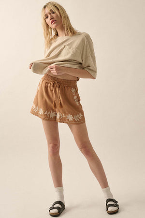Khaki Embroidered Boho Tasseled Drawstring Elastic Waistband Casual shorts