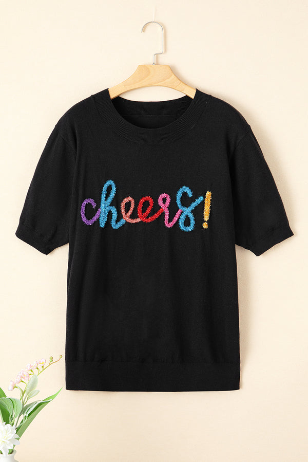 Black Plus Size Cheers Glitter Tinsel Short Sleeve Sweater