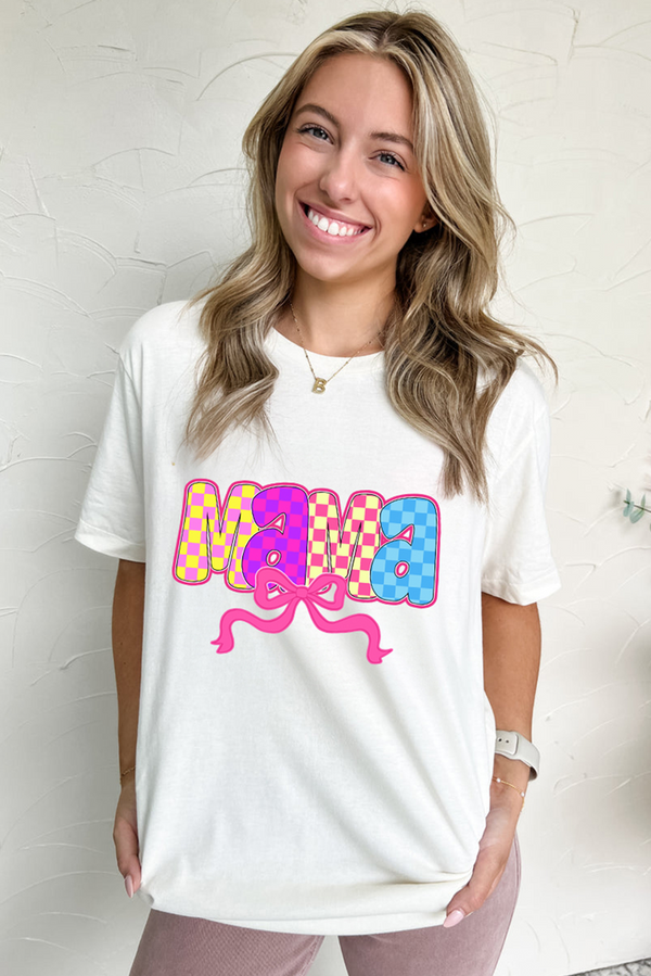 White MAMA Checkered Bow Knot Print Crewneck T Shirt