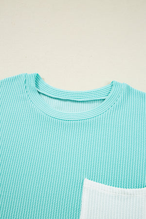 Iceland Blue 3D Ribbed Texture Contrast Patched Pocket Long Sleeve Top