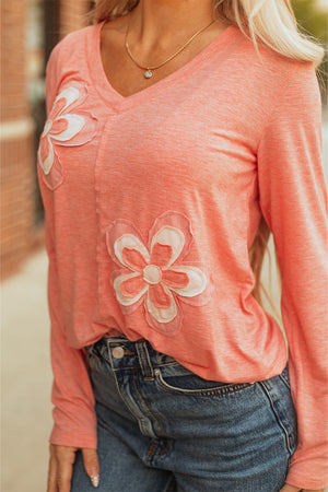 Fresh Salmon Floral Patchwork V Neck Long Sleeve T Shirt