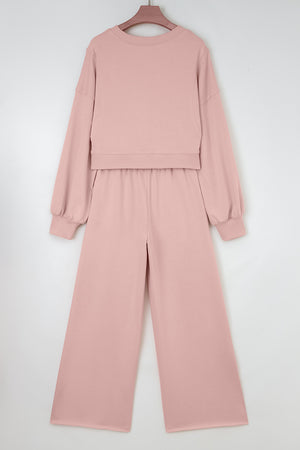 Light Pink Drop Shoulder Puff Sleeve Crop Pullover Drawstring Wide Leg Pants Set