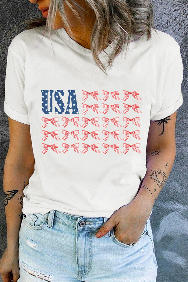 White USA Flag Bow Knot Print Round Neck T Shirt