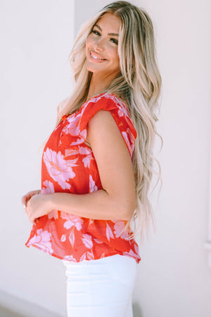 Fiery Red Floral Square Neck Ruffle Sleeve Blouse