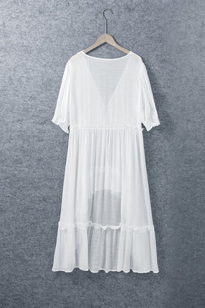White Half Sleeve Ruffled High Low Kimono
