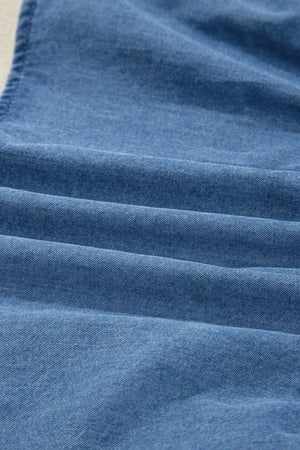 Dusk Blue Denim Lapel Neck Balloon Sleeve Tied Peplum Top