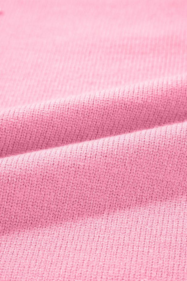 Rose Red Pearled Colorblock Crew Neck Half Sleeve Sweater